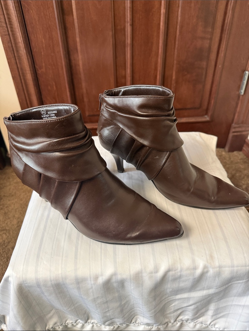 George Women's Brown Pointed-Toe Ankle Boots with Ruching